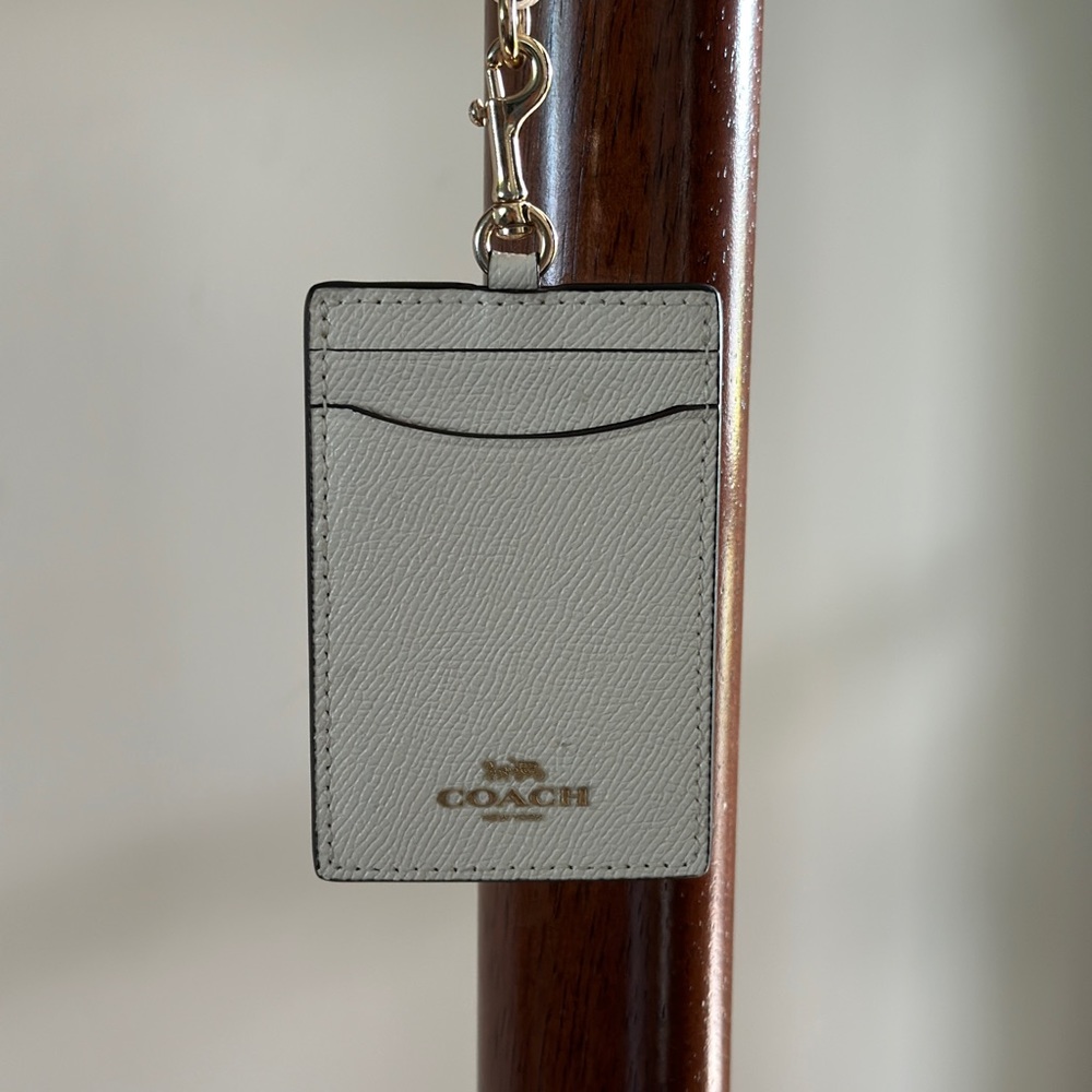 COACH-Pebble leather white name tag and card holder with lanyard